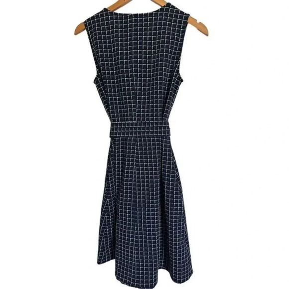 Lark & Ro Navy Blue White Checkered A-Line Pocket Dress 2 Sleeveless Belted - Picture 4 of 6